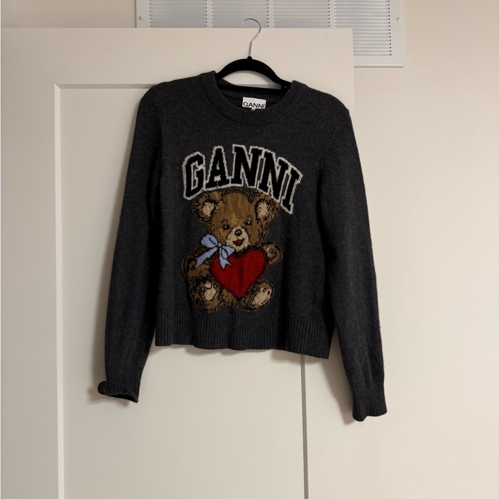 Ganni Charcoal Sweater with Bear and Heart
